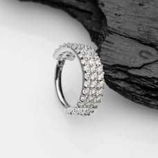 14K White Gold Brilliant Sparkle Triple Lined Gems Seamless Clicker Hoop Ring