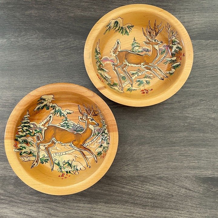 Vintage 50s Wildlife of Birchland Deer Motif Hand Painted Wooden Two Side Bowls