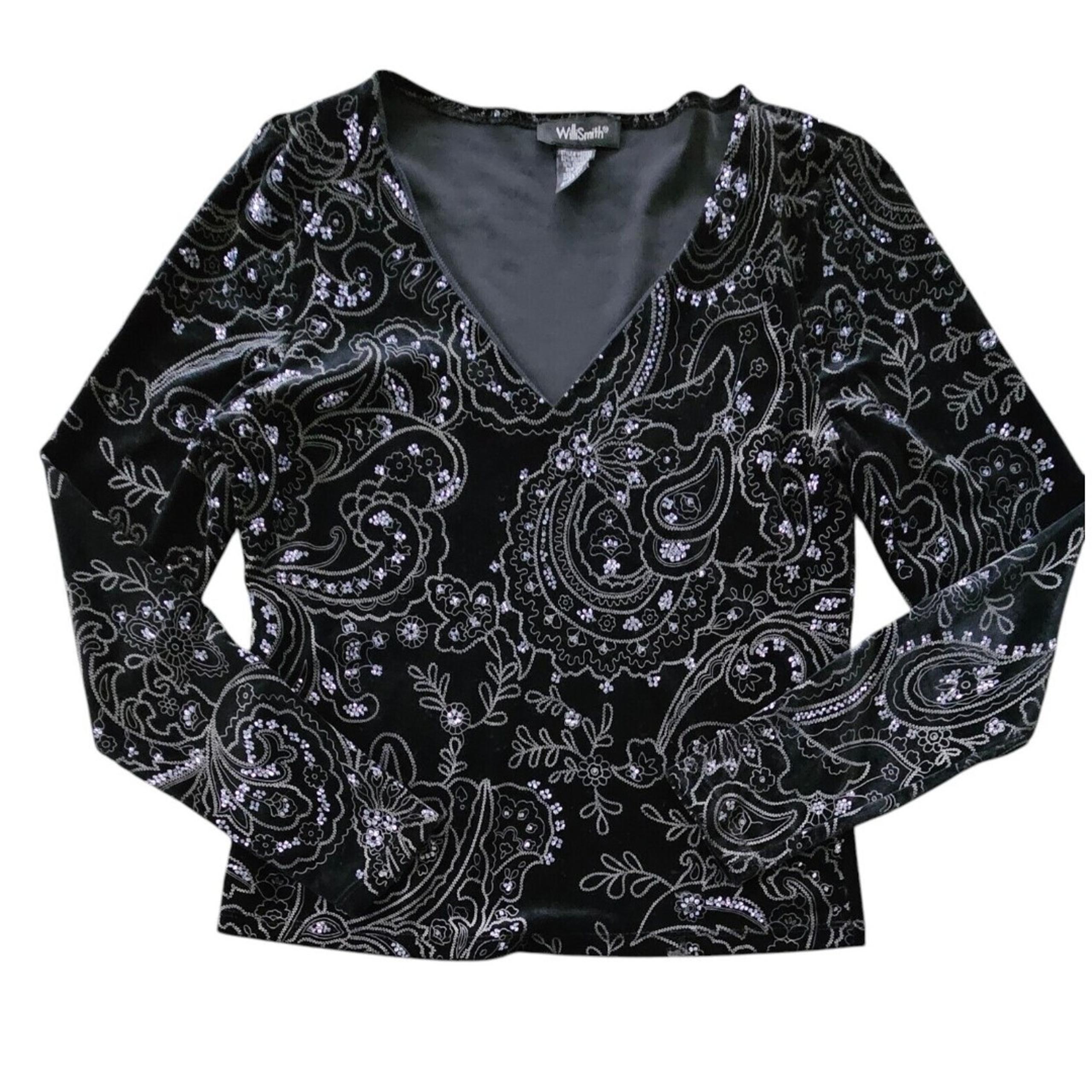Vtg Black Velvet Silver Sparkle Top Whimsy Goth Grunge Fairy Long Sleeve M