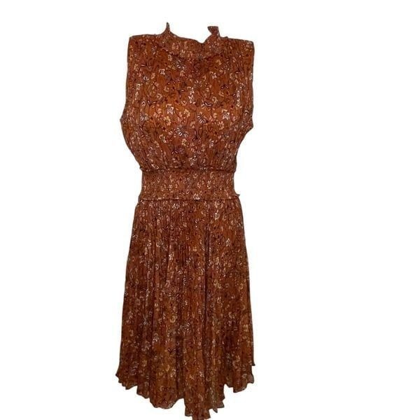 NWT Nanette Lepore Sleeveless Smocked MIDI Accordion Dress Burnt Orange Size 8