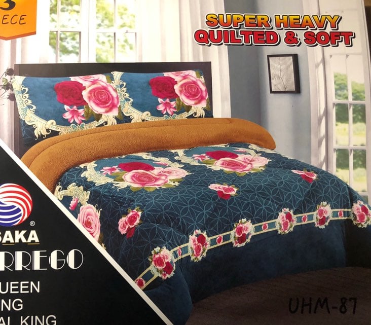 Queen heavy quilted premium 3 pc floral design borrego sherpa set