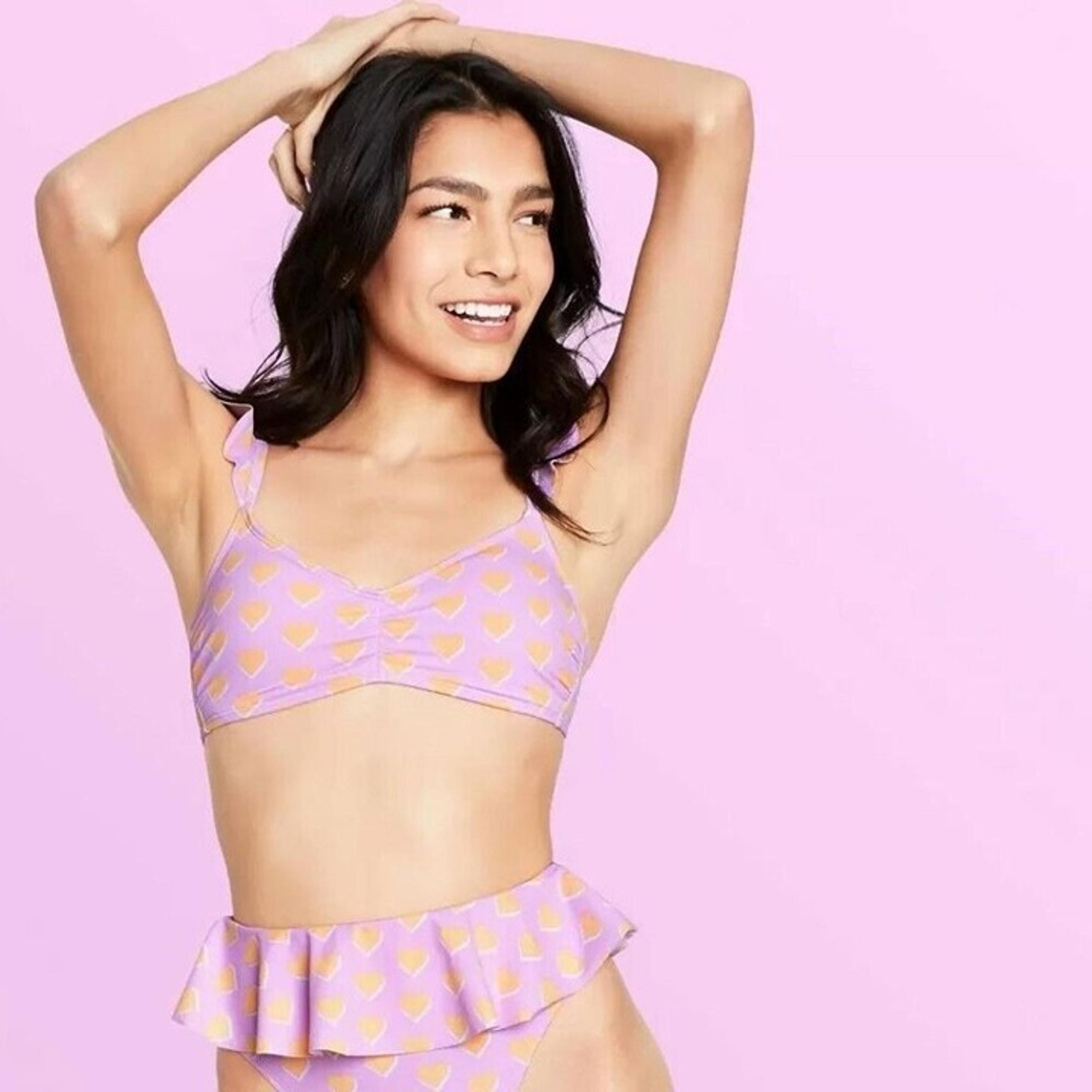 Stoney Clover Lane Bikini Top Womens Purple Flutter Strap Heart Print XXS