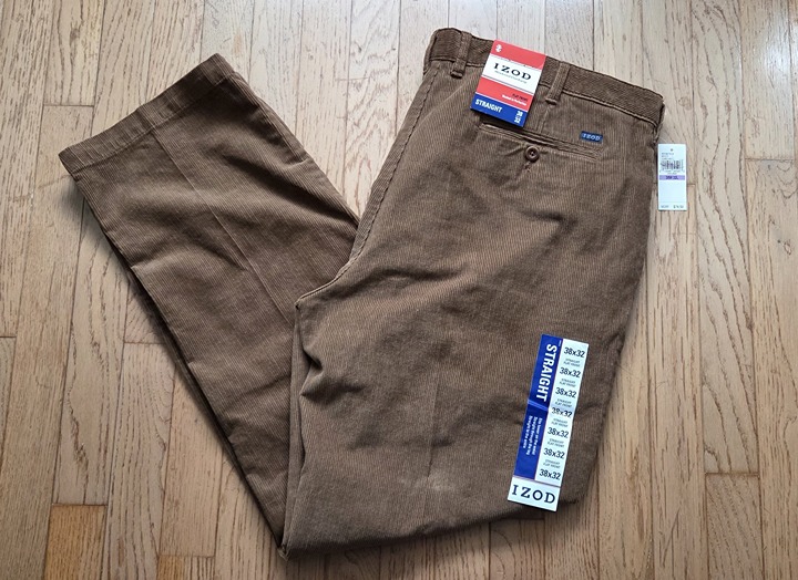 Izod Mens Weekend Corduroy Pants Sz 38 x 32 Straight Fit Flat Front Brown NWT