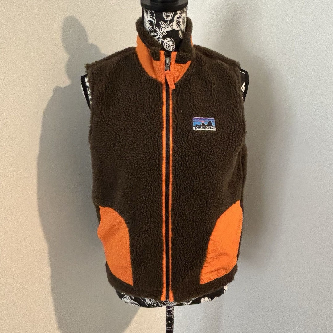 PATAGONIA Brown Orange Retro X Deep Pile Fleece Zip Vest Kids XL /Women’s Small