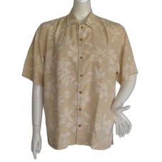 TOMMY BAHAMA Silk Shirt, L, Tan w/White floral print, SS, Pocket, Button front