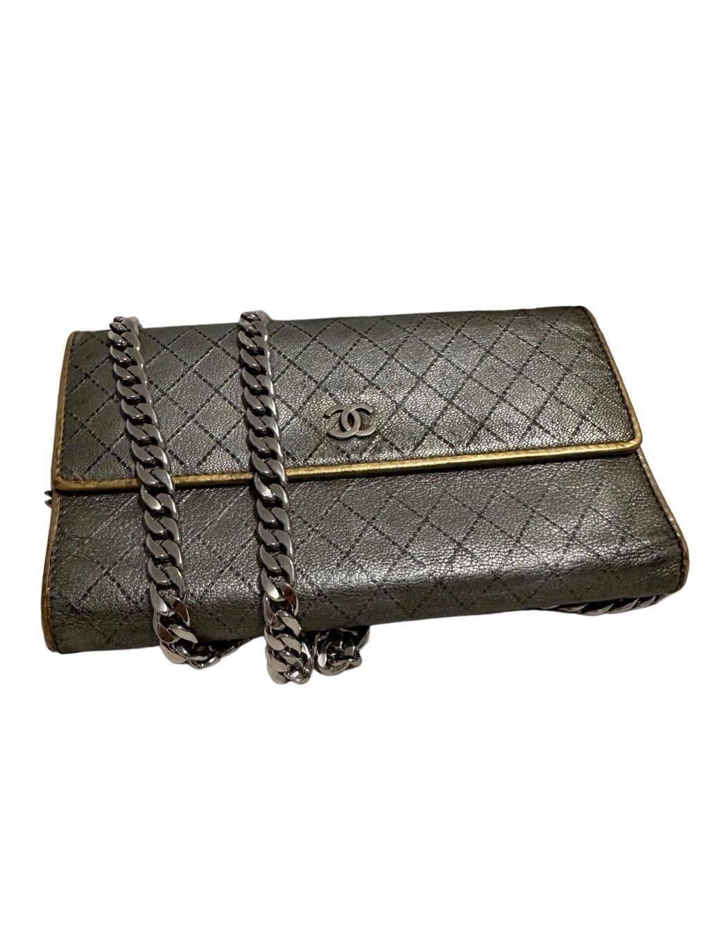 Chanel large silver and gold cc logo wallet with a silver chain