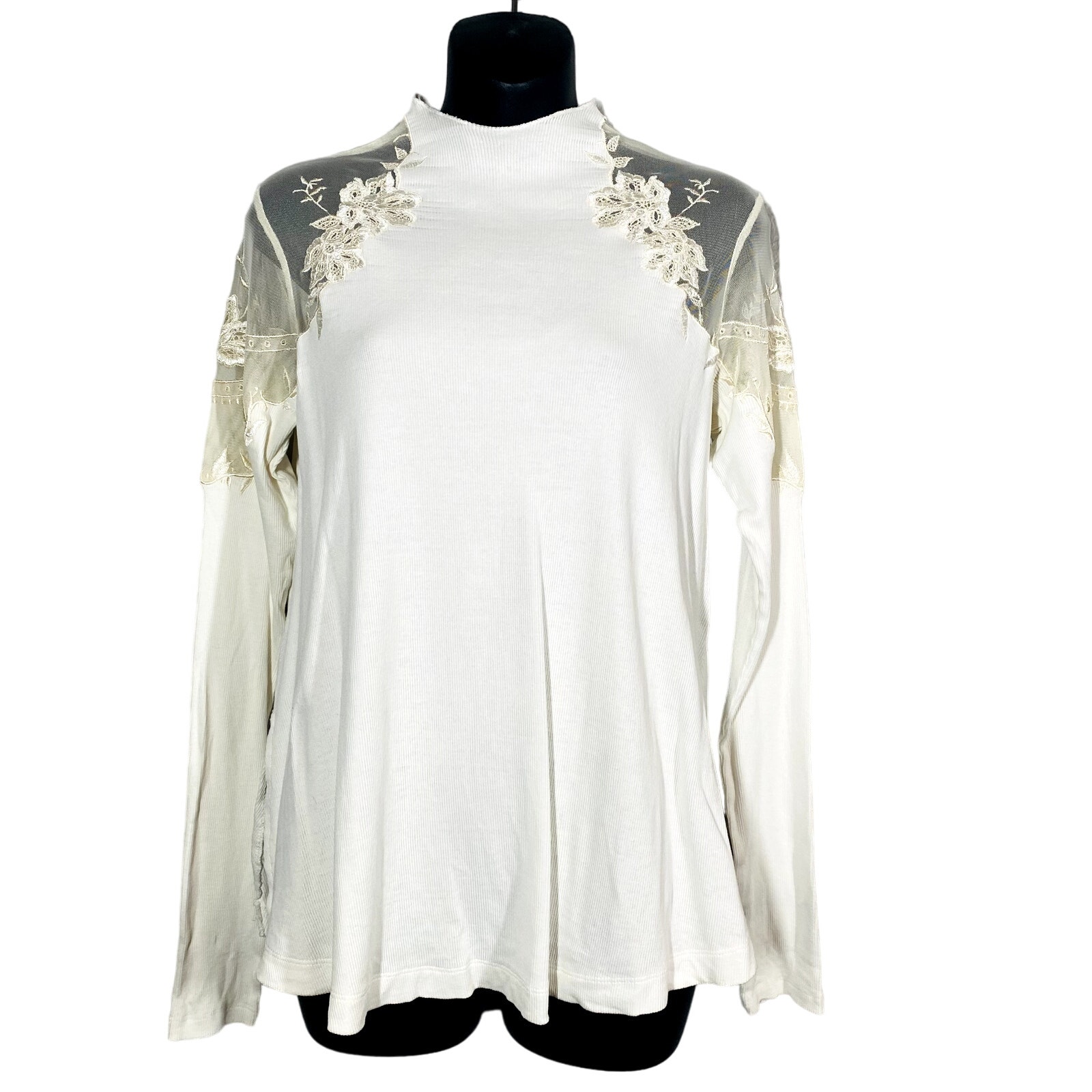 Free People Lace Trim Mock Neck Top Ribbed Long Sleeve Champagne Cream - XS