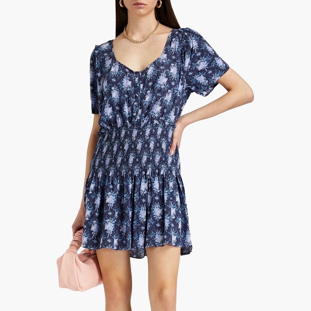 LoveShackFancy Brickell Blue Gathered Floral Print Crepe Mini Dress Size Large