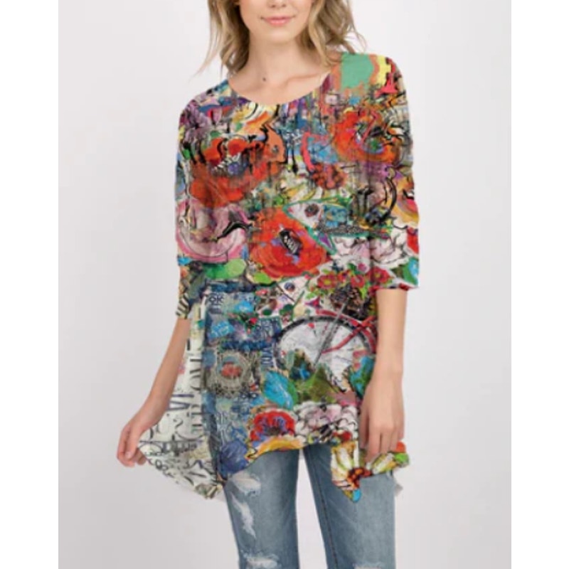 ET LOIS Abstract Tunic Top 3/4 Sleeve Scoop Neck Contemporary Art Print Size M