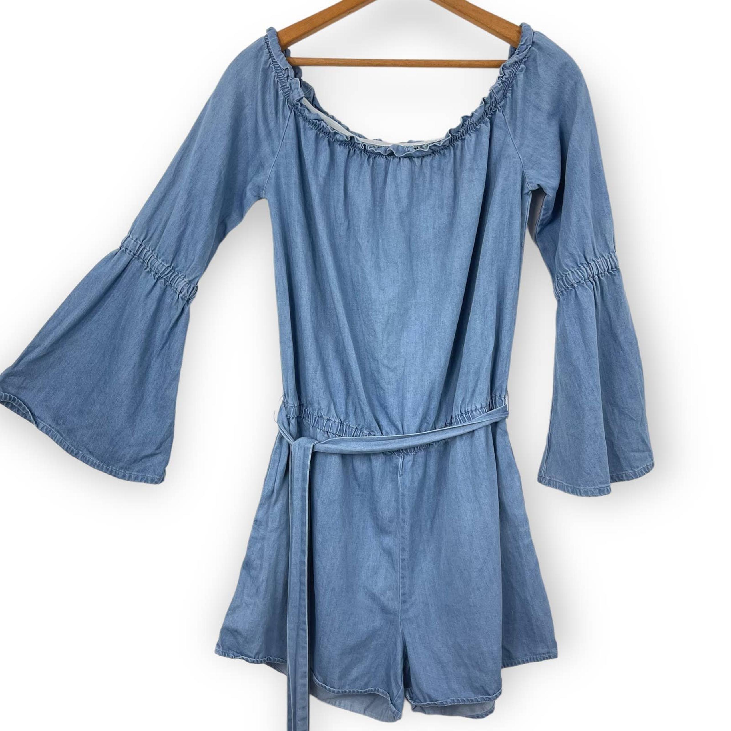 Central Park West Denim Blue Romper Bell Sleeve