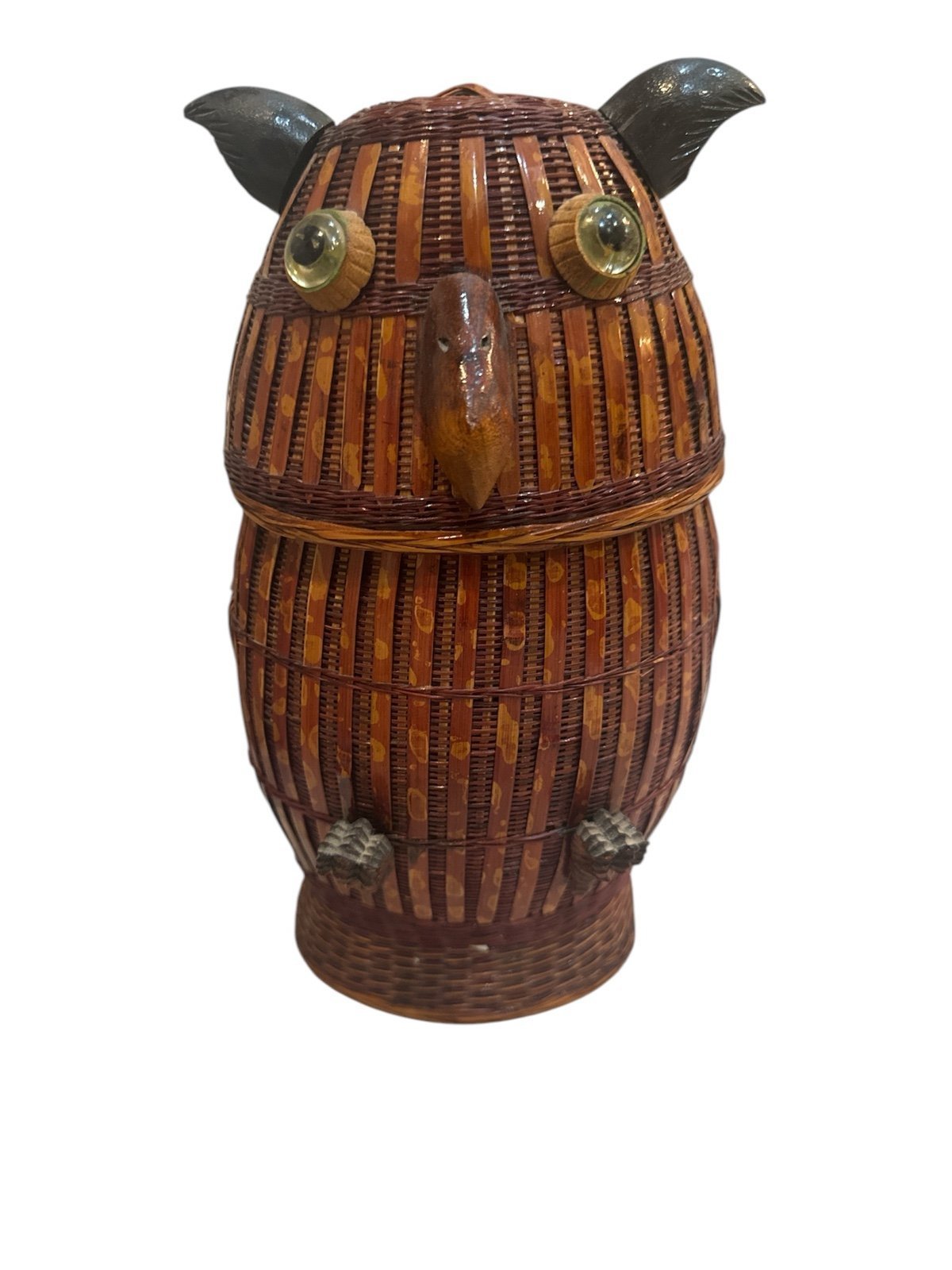 Vintage Mid Century 70s Shanghai Handicrafted Owl Lidded Figural Basket Box