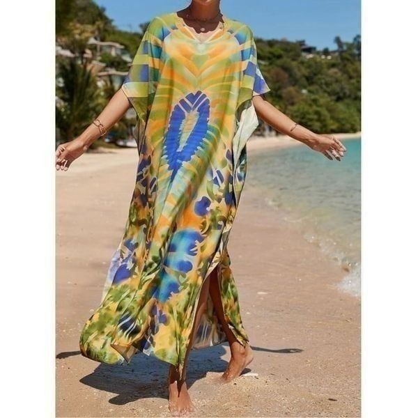 Boho Print V Neck Kaftan Cover Up