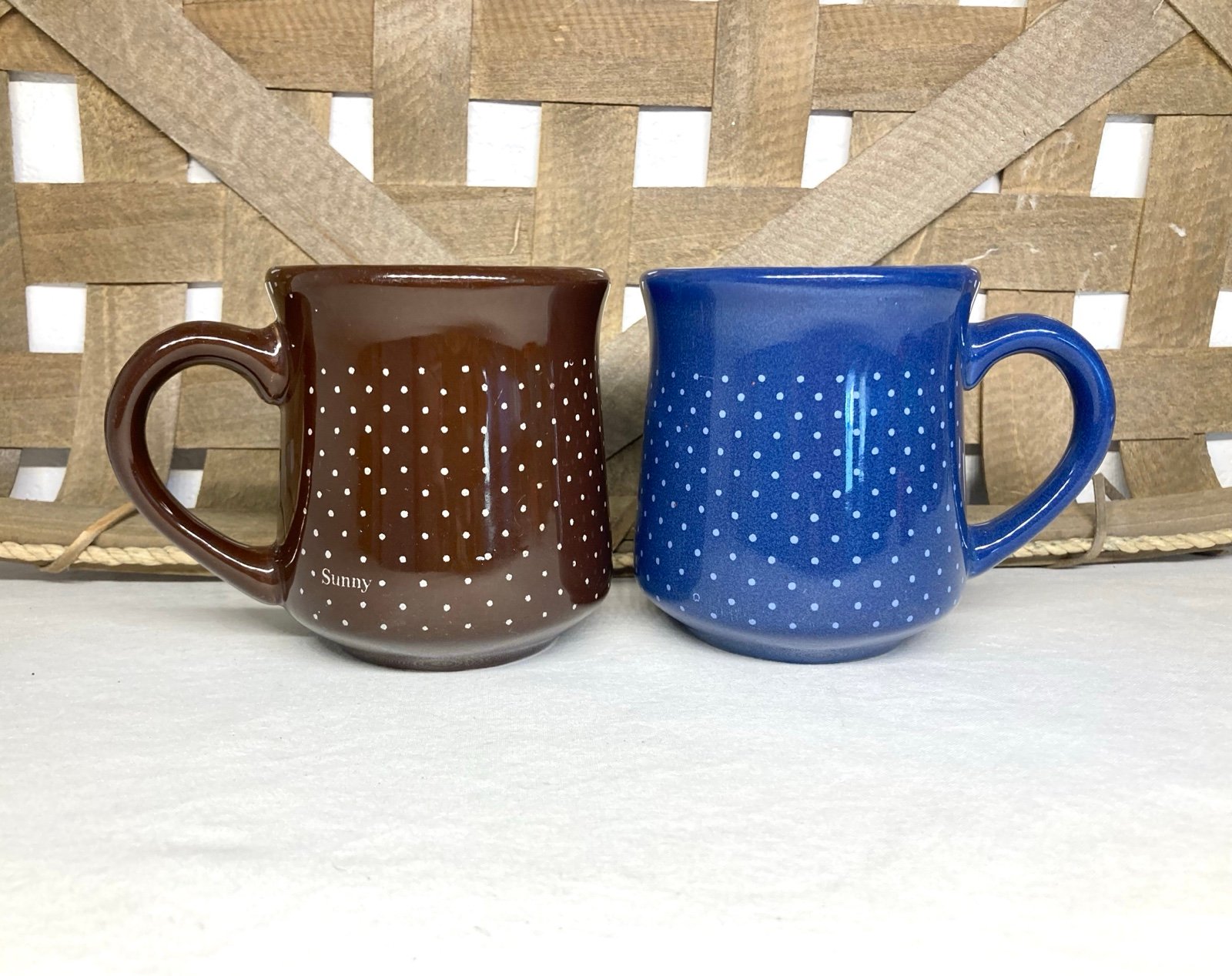 Vintage 1980's Brown and Blue Polka-dot Sunnycraft Stoneware Mugs Set of 2