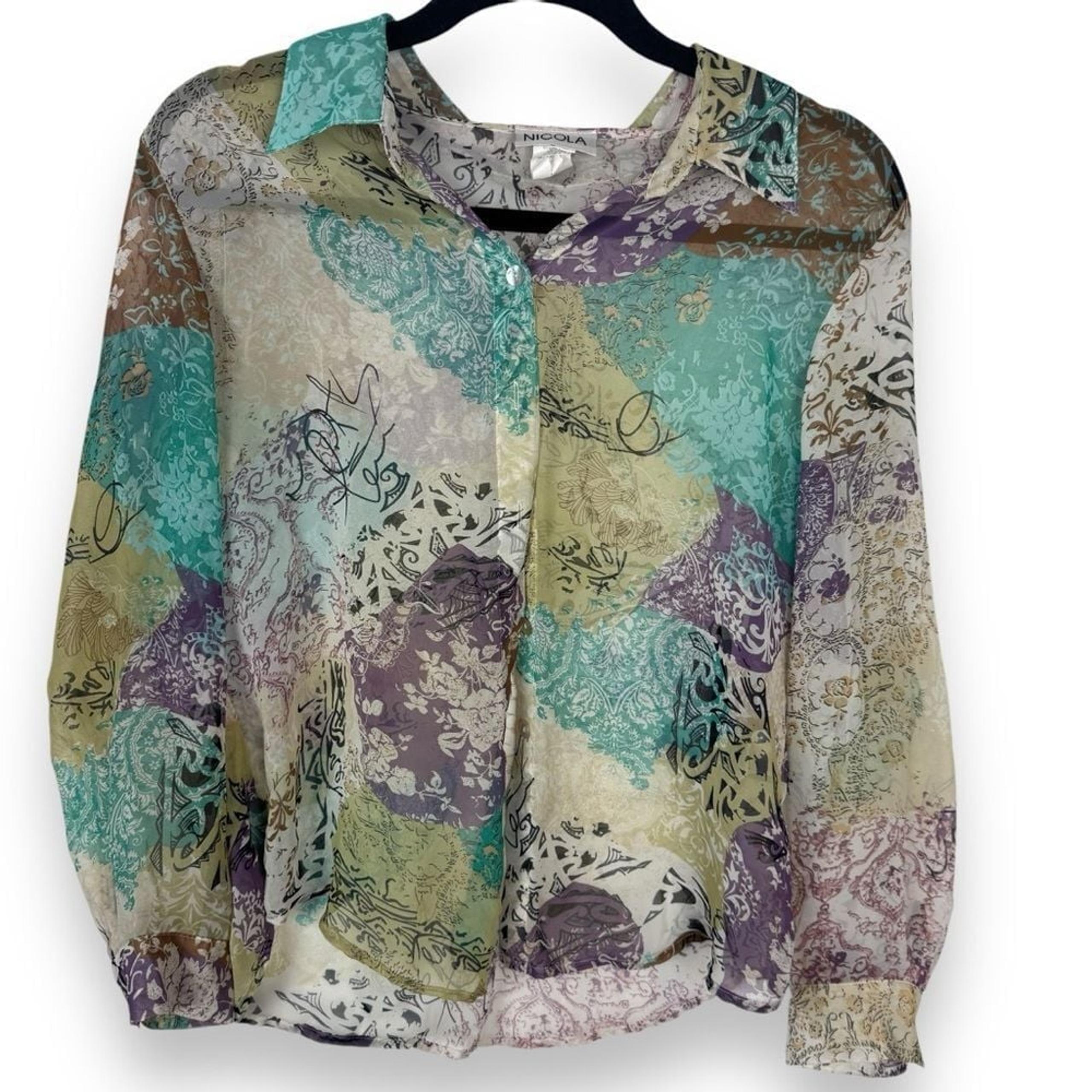 Y2K Vintage Nicola Sheer Abstract Button Blouse Womens Size M Artsy Boho Fairy