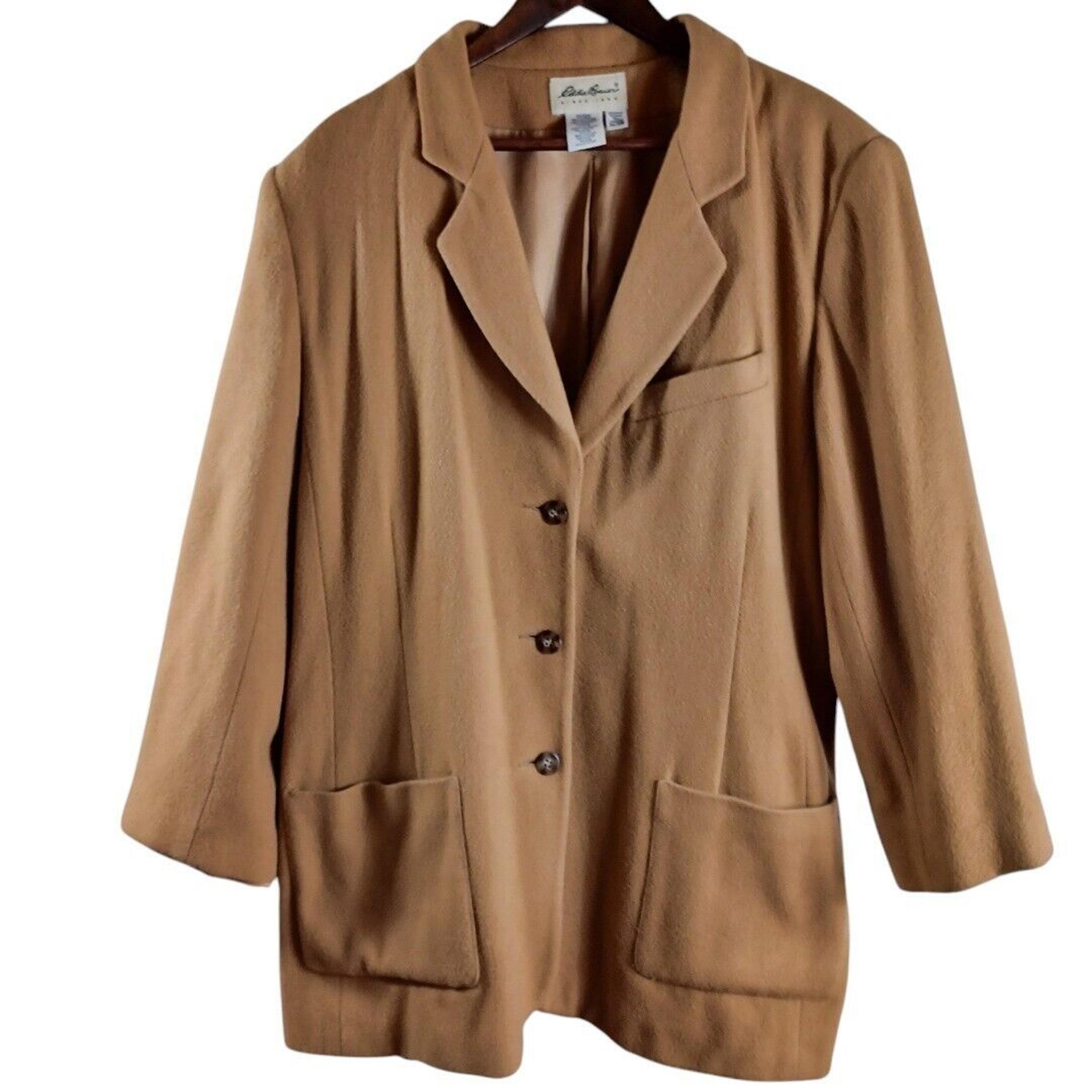 Eddie Bauer Women’s Tall XL Tan Wool Angora Lined Blazer Jacket 3 Button Peacoat