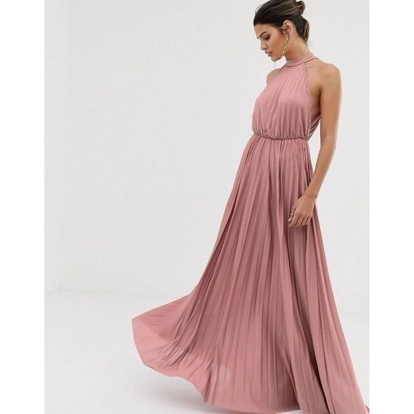 NWT ASOS Design Rose Pink Halter Pleated Waist Maxi Dress Size 10