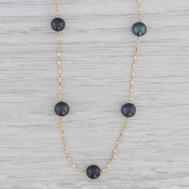 Cultured Black Pearl Statement Bead Chain Necklace 14k Yellow Gold 17