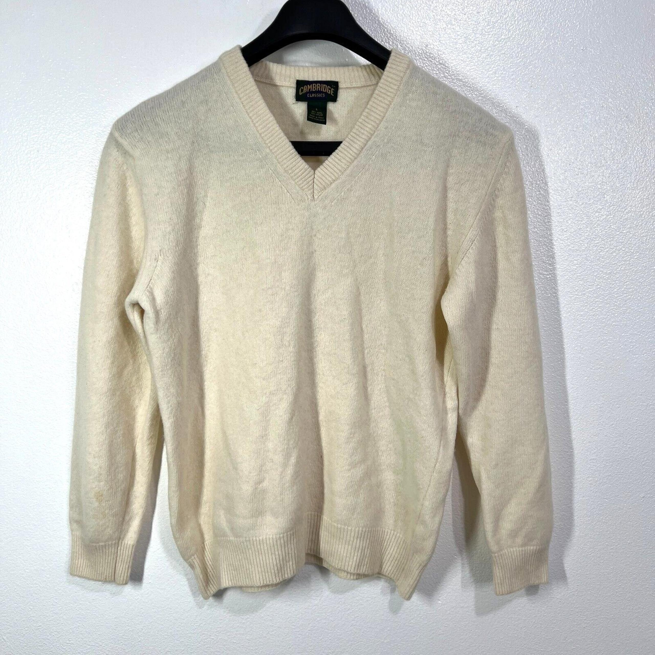 CAMBRIDGE CLASSICS Wool Knit Sweater V-Neck Mens Large Beige Long Sleeve Grandpa