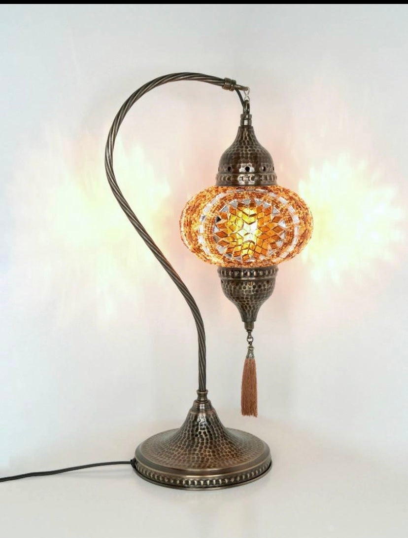 Turkish Morrocan Tiffany Mosaic Style Orange Table Lamp with hammerd Bronze