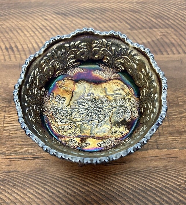 Fenton PANTHER Cobalt Blue Carnival Small Berry Bowl Butterfly Berry 3 Legged