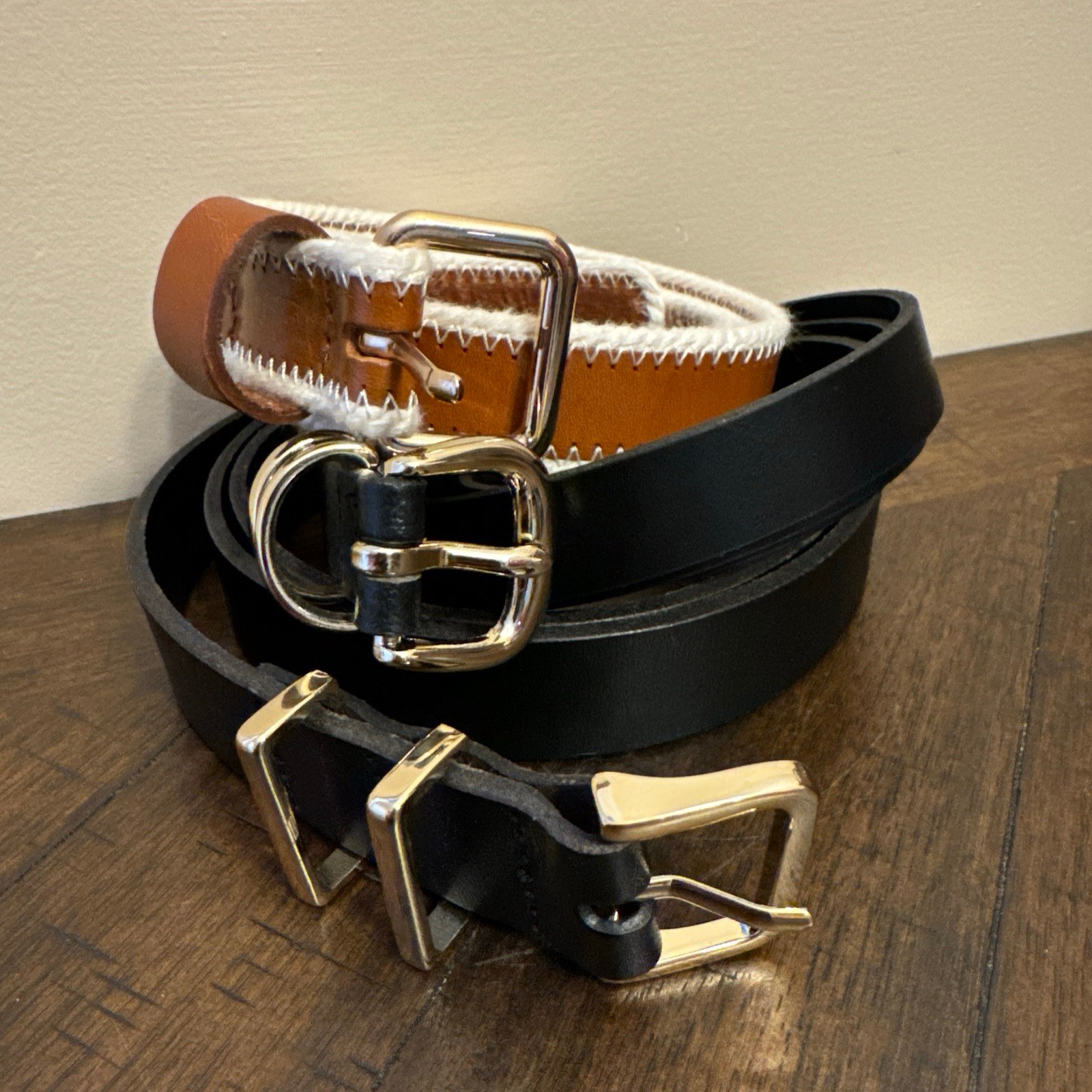 Lot Of 3 Loft Belts Women's Size S Brown Black White Gold Buckle Genuine Leather