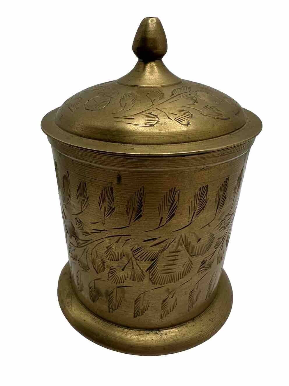 Etched Brass Jar Handmade in India Lidded Canister Vintage VTG Decor
