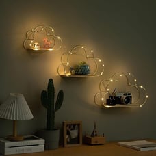 Set of 3 Cloud Shape Floating Shelves with LED Lights Wall Decor,Gold Metal