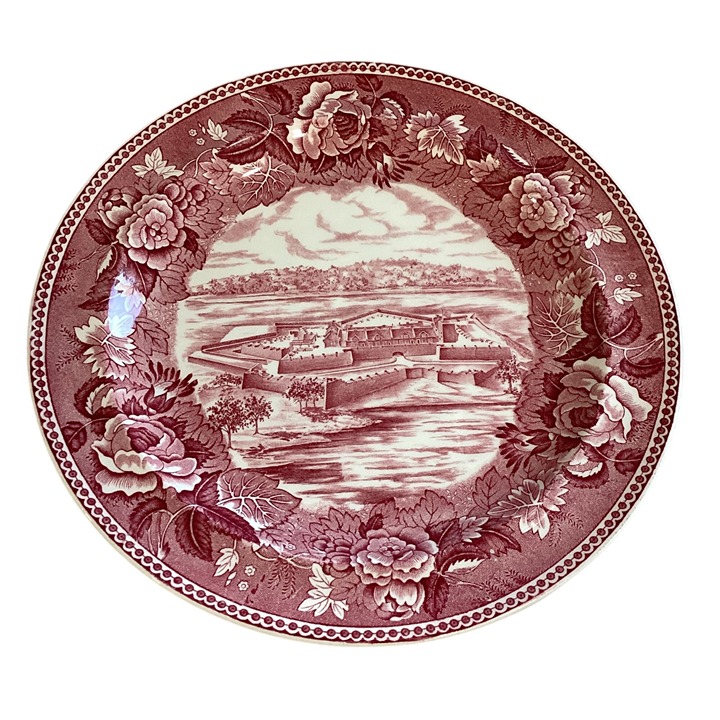 Wedgwood Pink Red Transferware Plate Fort Ticonderoga Scene Floral Border 10