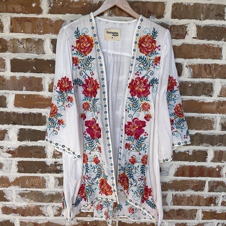 Savanna Jane Embroidered Boho Kimono White Floral 3/4 Sleeve Women's Size M New