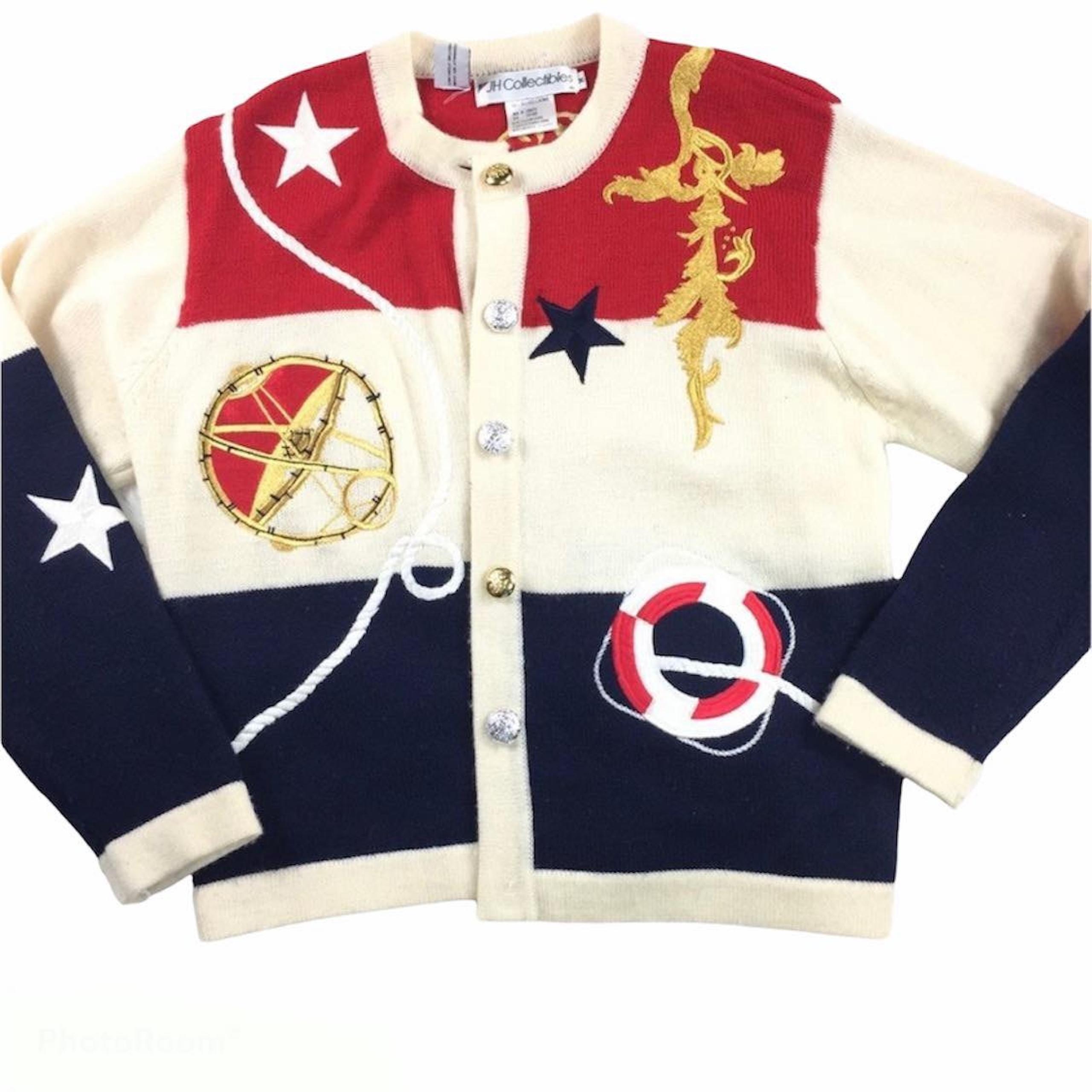 Vintage M Nautical Gold Button Wool Cardigan Sweater Old Money Knitted Grandma