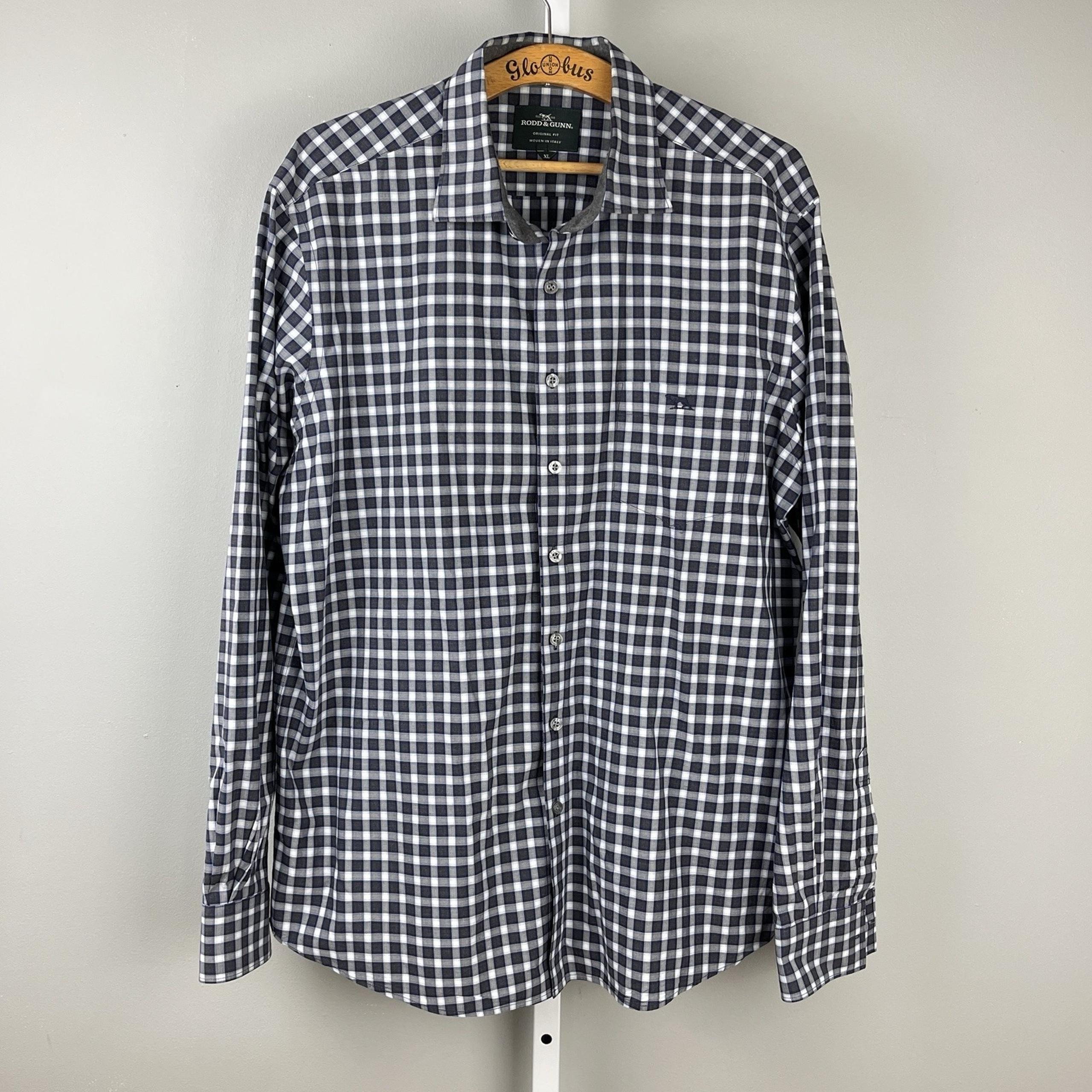 Rodd & Gunn Original Fit Shirt Mens XL Albini Fabric Gray Blue Plaid Check