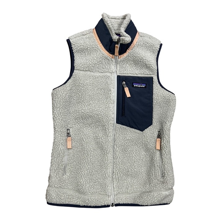 Patagonia Women's XXS Cream Sherpa Fleece Vest With Navy Accents & Zippered Pock