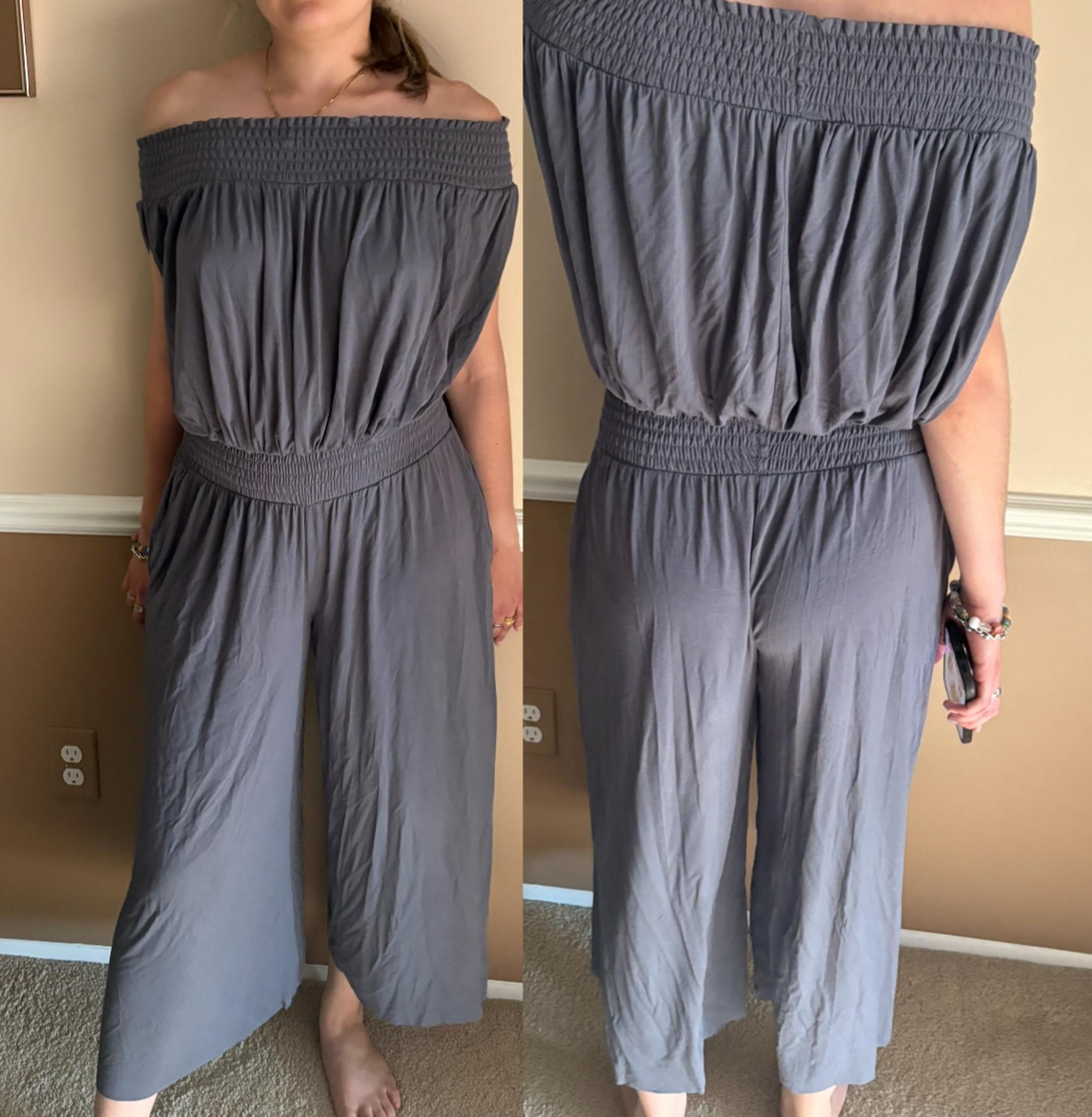 Elan off the shoulder grey cropped wide leg boho jumpsuit romper size medium