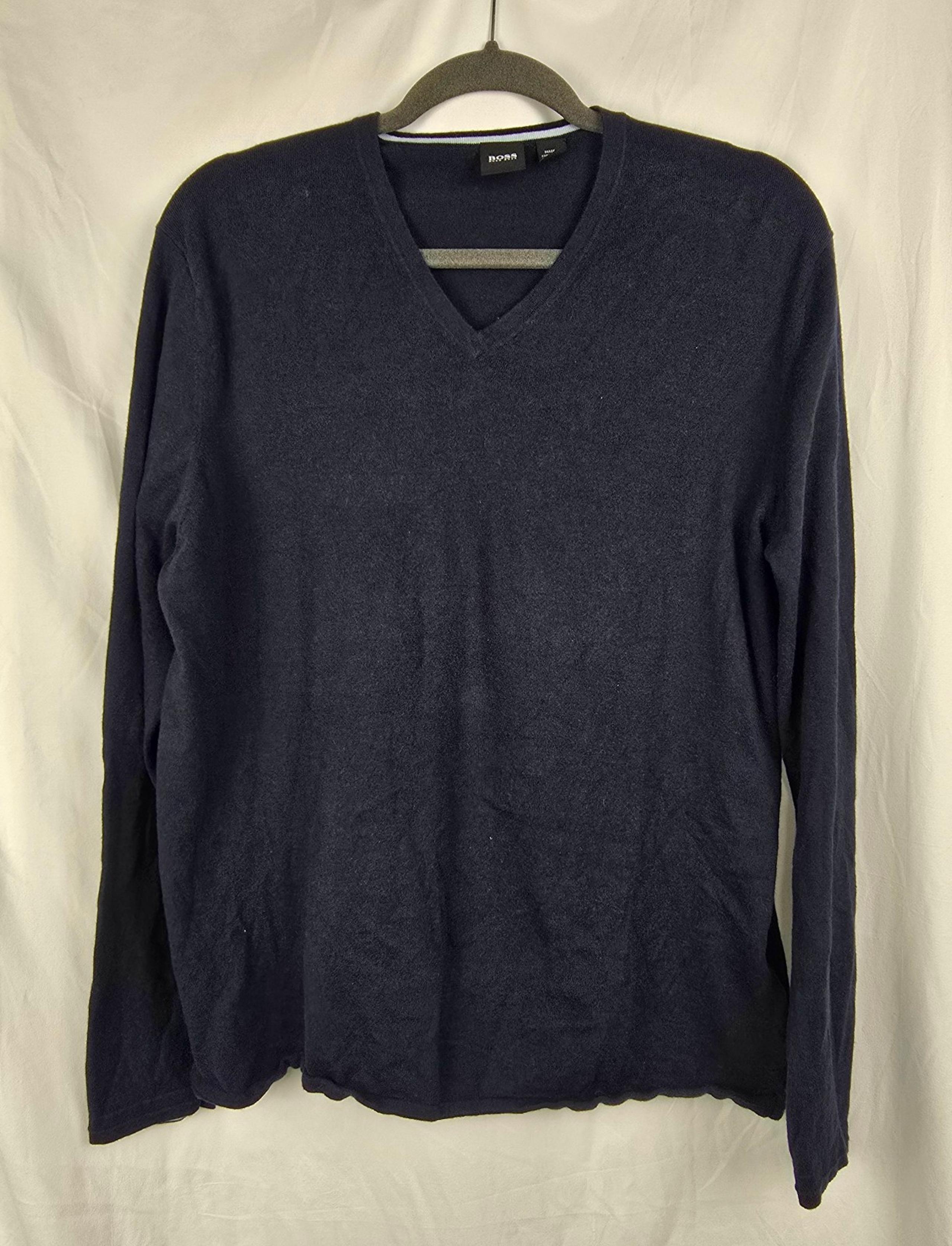 Boss Hugo Boss Cashmere Blend V-Neck Navy Blue Preppy Knit Sweater Men's sz XL