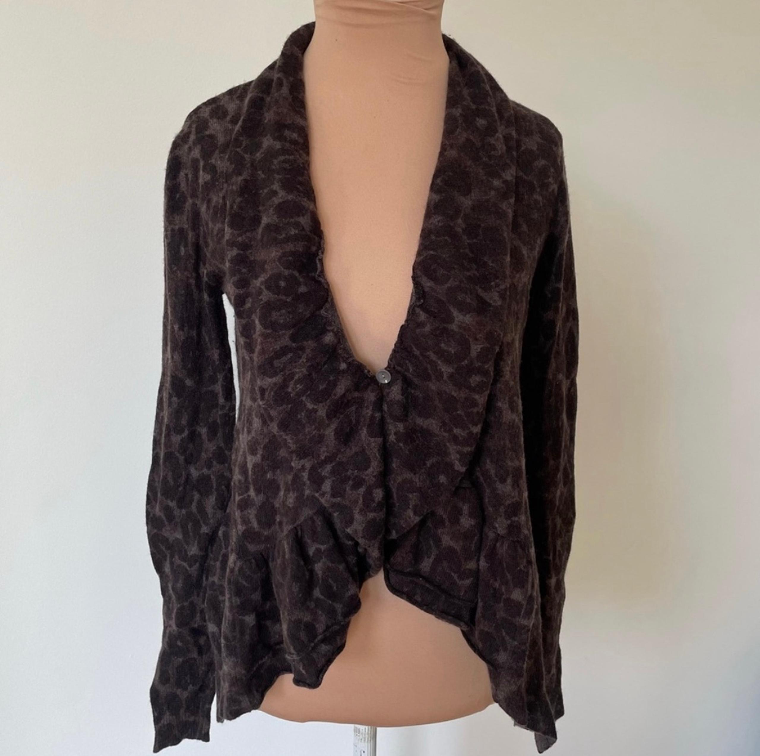 Rebecca Taylor Lambswool Cashmere Leopard Print Ruffle Single Button Cardigan XS