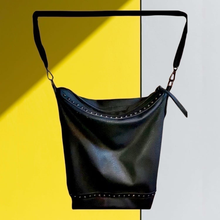 Large Black Vegan Leather Studded Crossbody Bucket Bag w/Gunmetal Hardware