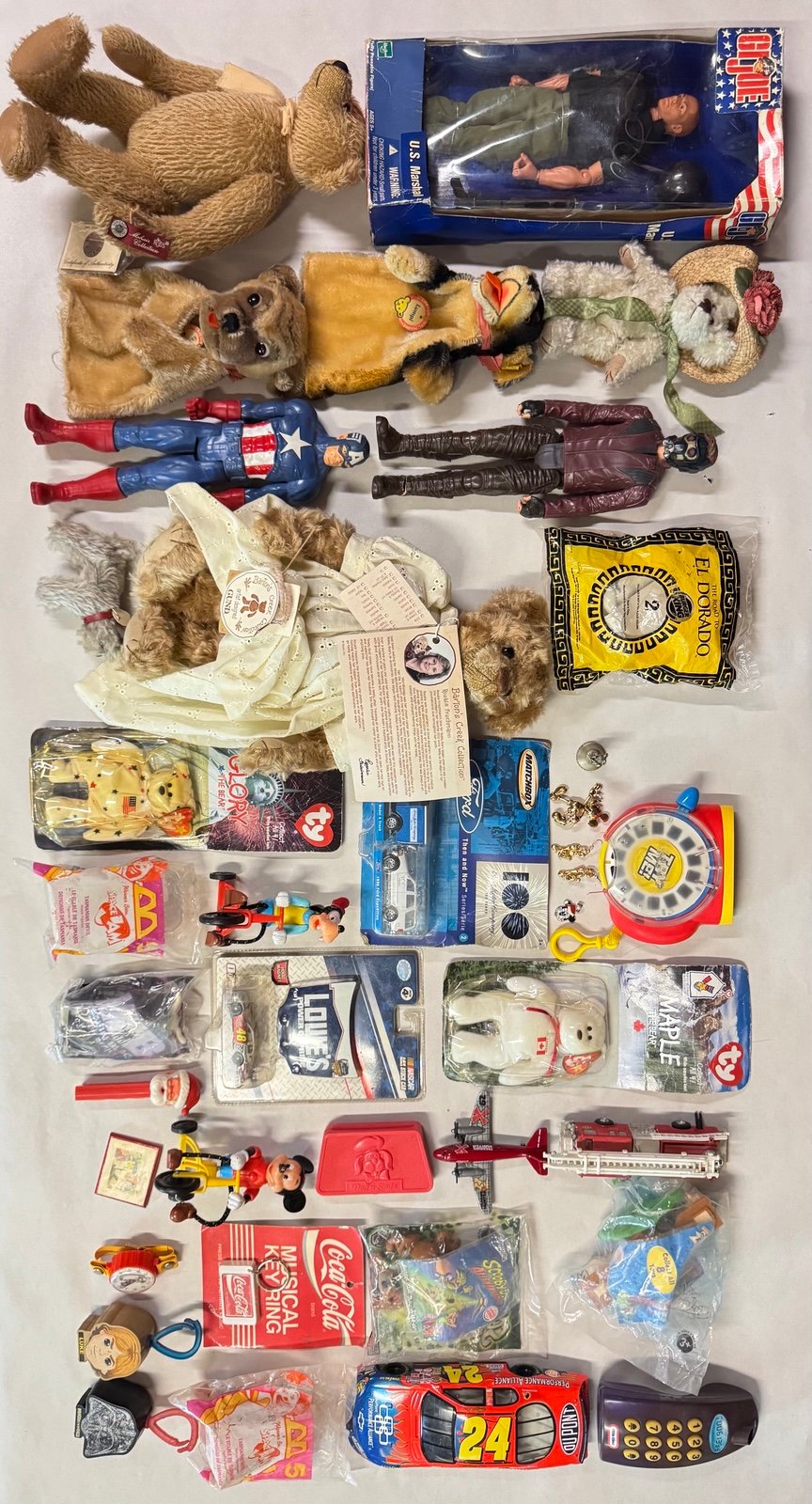 Vintage & Modern Toy Lot: Action Figures, Teddy Bears, Cars, Kids Meal Toys, etc