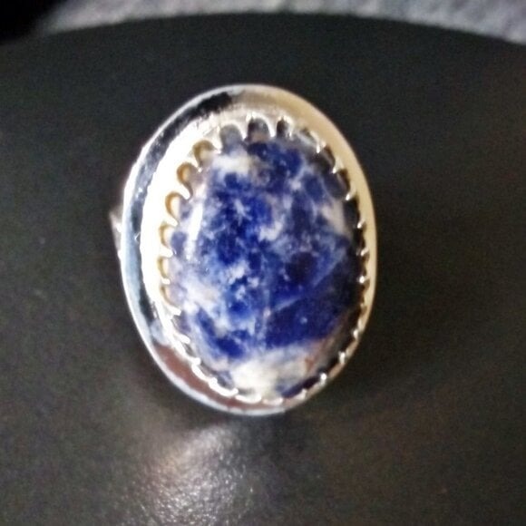 Blue Sodalite Ring - Southwestern Boho Style - Embossed Cigarband Shank Size 8.5