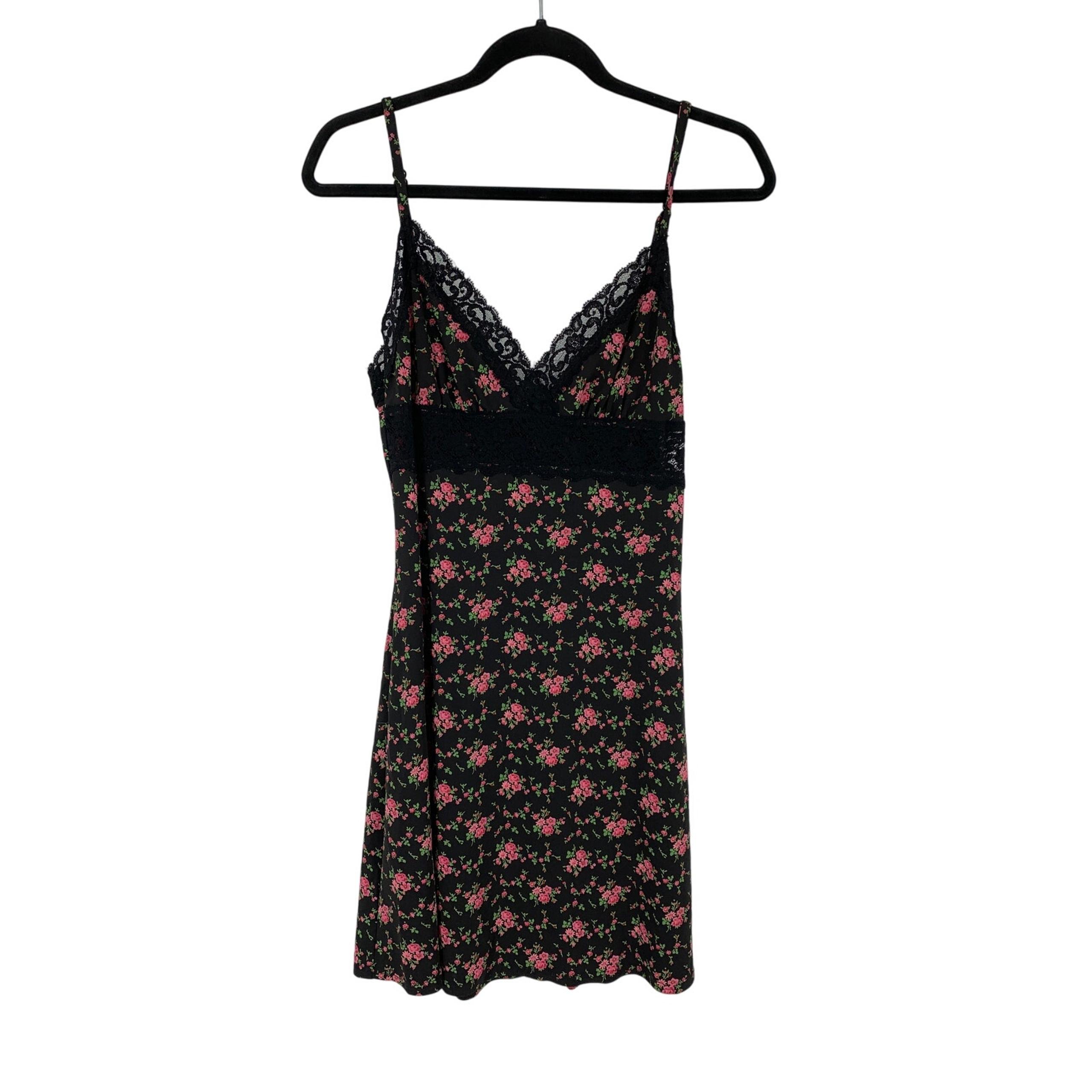 Vintage 90s Cami Slip Dress Womens Size M Pink Black Floral Print Lace Trimmed