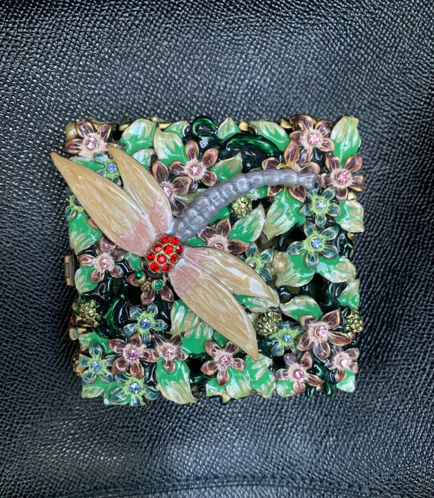 Vintage Pewter Enamel Floral Dragonfly Square Shaped Trinket Box | Dainty Pewter