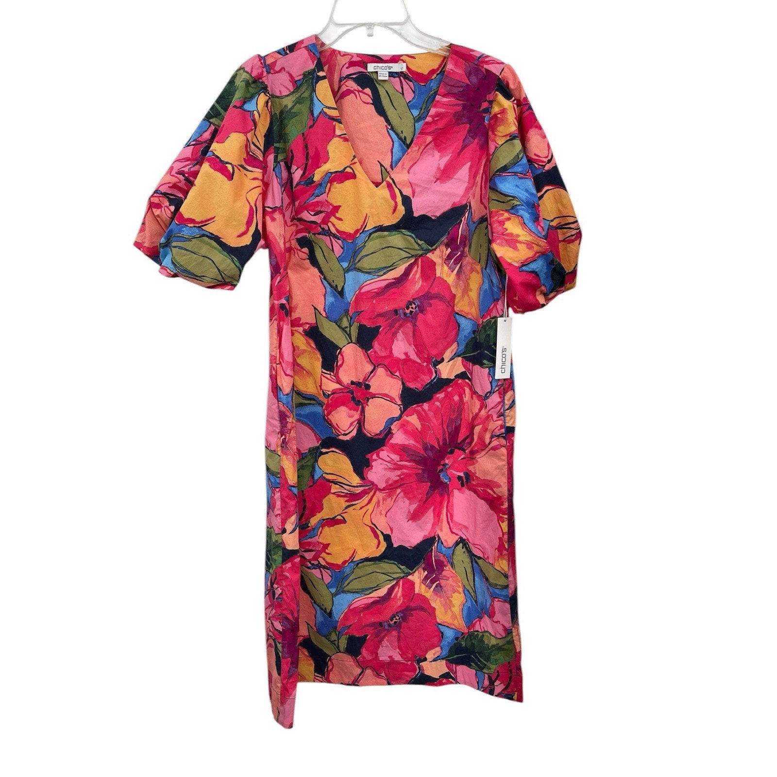 NWT Chico’s Midi Dress Puff Sleeve Popover Floral Strawberry Margarita Size 1 8