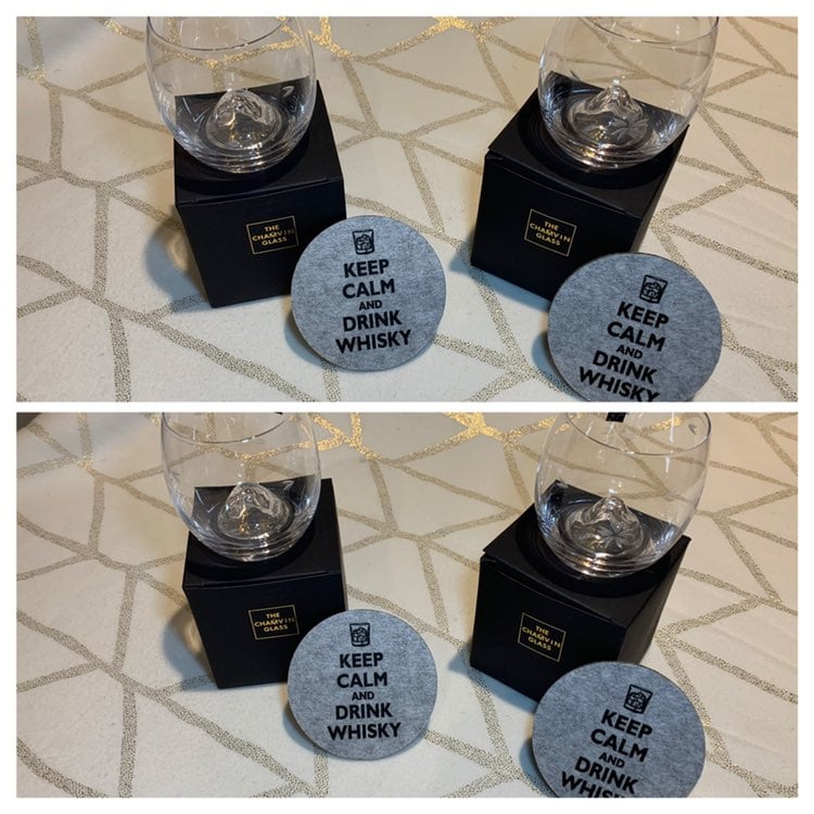 Charmin whiskey glasses and coasters