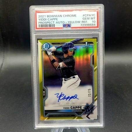 2021 Bowman Chrome Yiddi Cappe Auto 1st Bowman Yellow Refractor /75 PSA 10 Miami