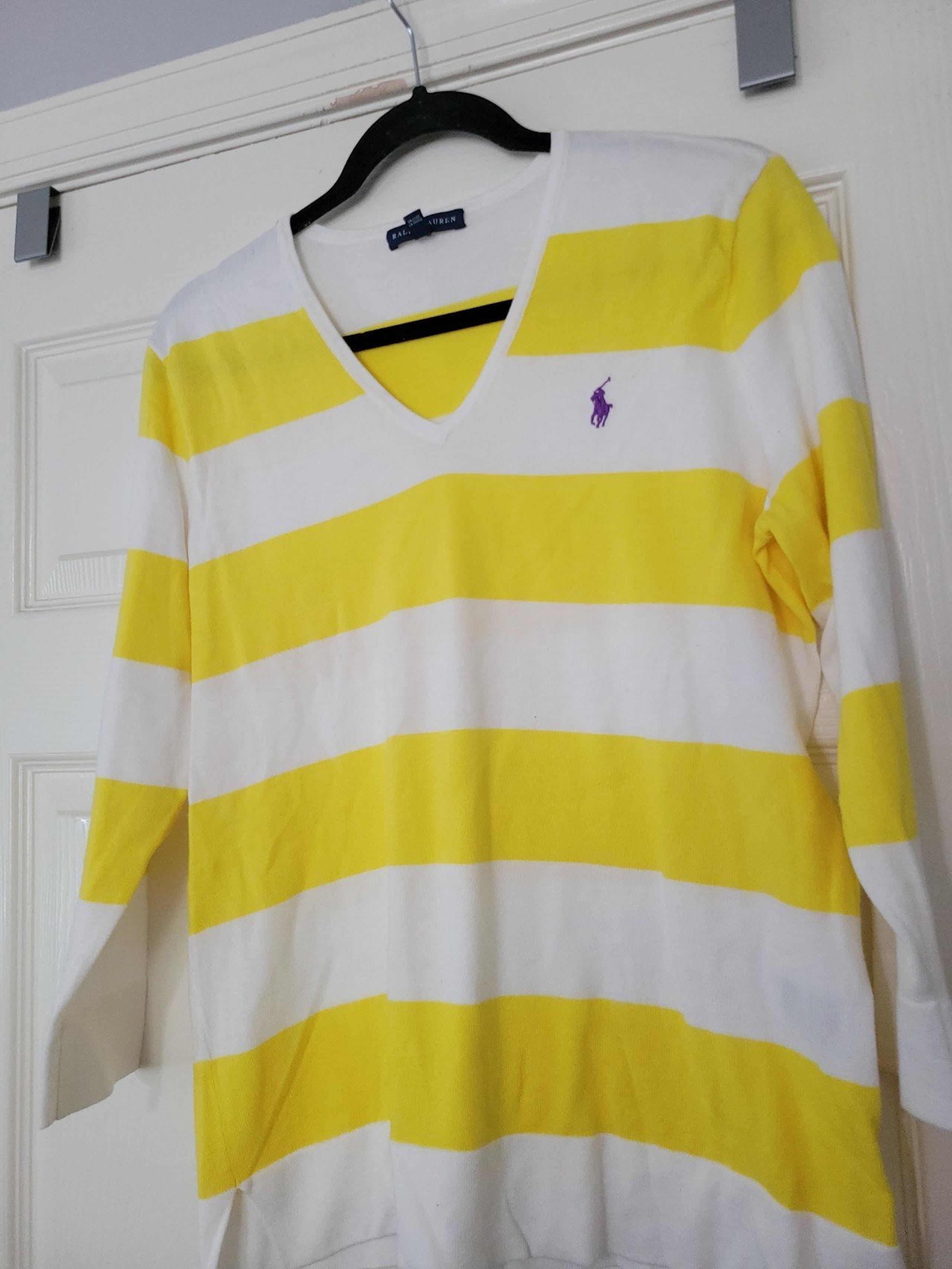 Ralph Lauren Sweater Womens Large Yellow Striped V Neck Long Sleeves Pullover