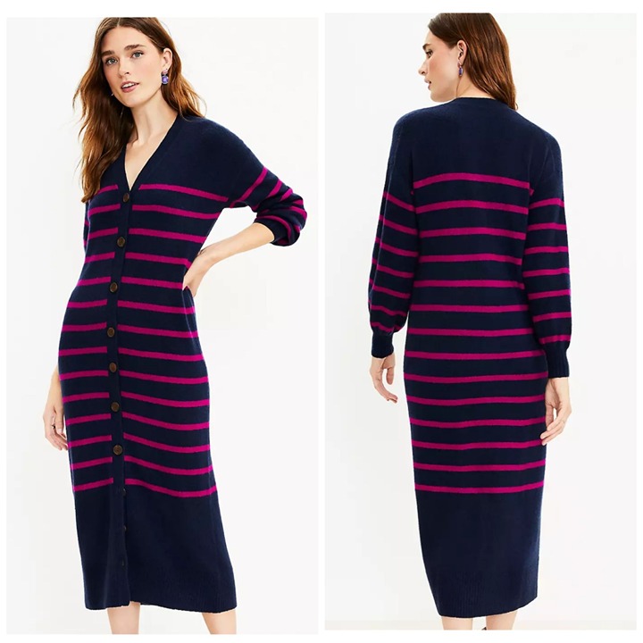 LOFT Long Sweater Cardigan Midi Dress Striped Navy Blue Button Front Size M