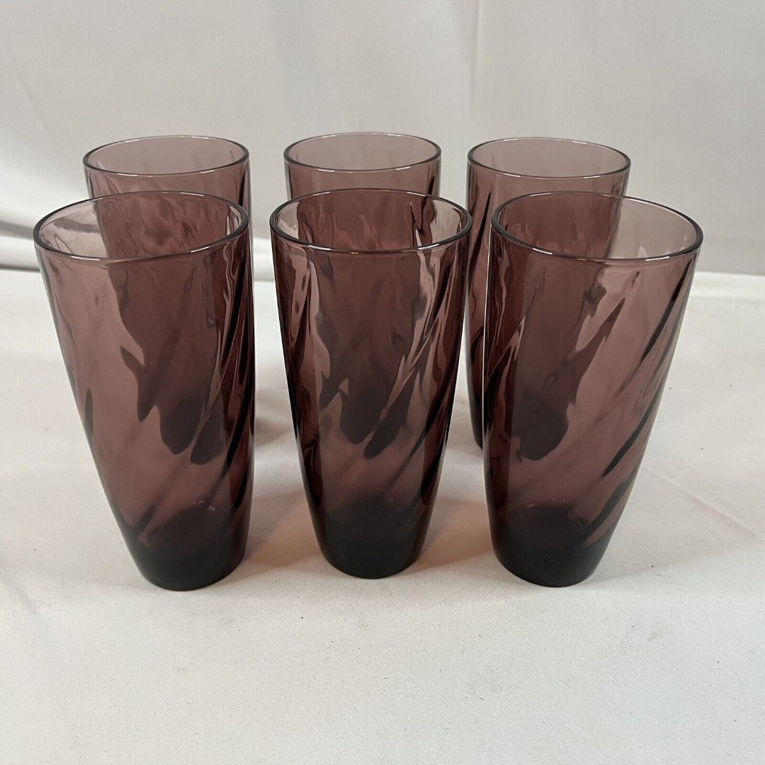 Vintage Hazel Atlas Moroccan Amethyst Swirl 6 ¼” Flat Tumblers Glasses Set of 6