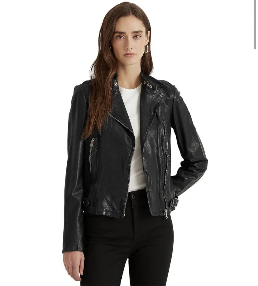 Lauren Ralph Lauren Leather Moto Jacket, Black Tumbled, Biker Women new
