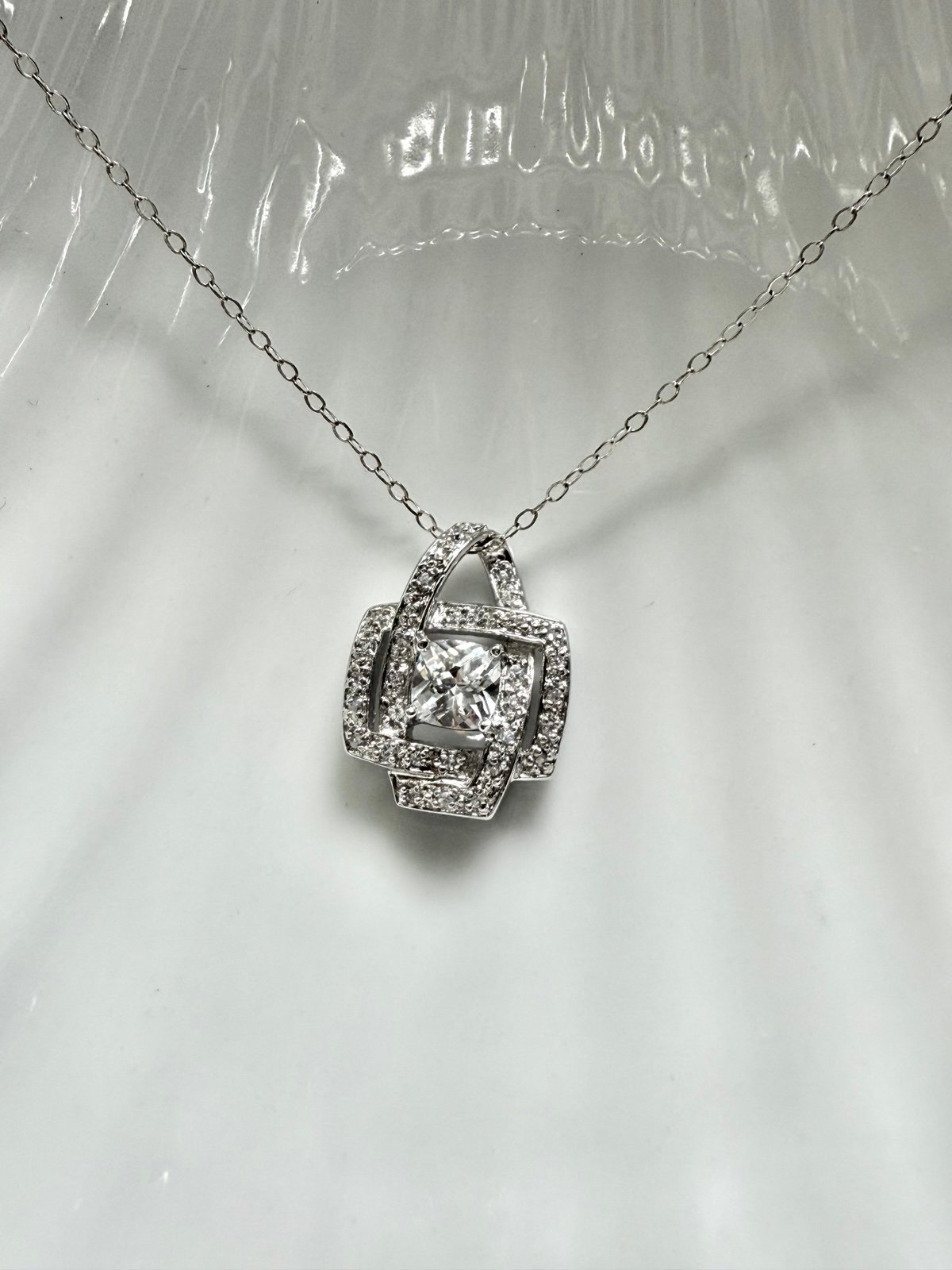 Vintage 925 Sterling Silver Square CZ Pendant Necklace