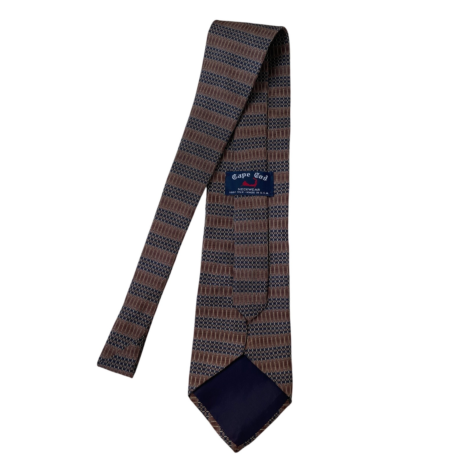 Vintage 80s 90s Cape Cod 100% Silk Tie | Brown & Navy Geometric Striped, USA
