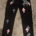 Chrome heart pink and checkered cross patch fleurknee jeans